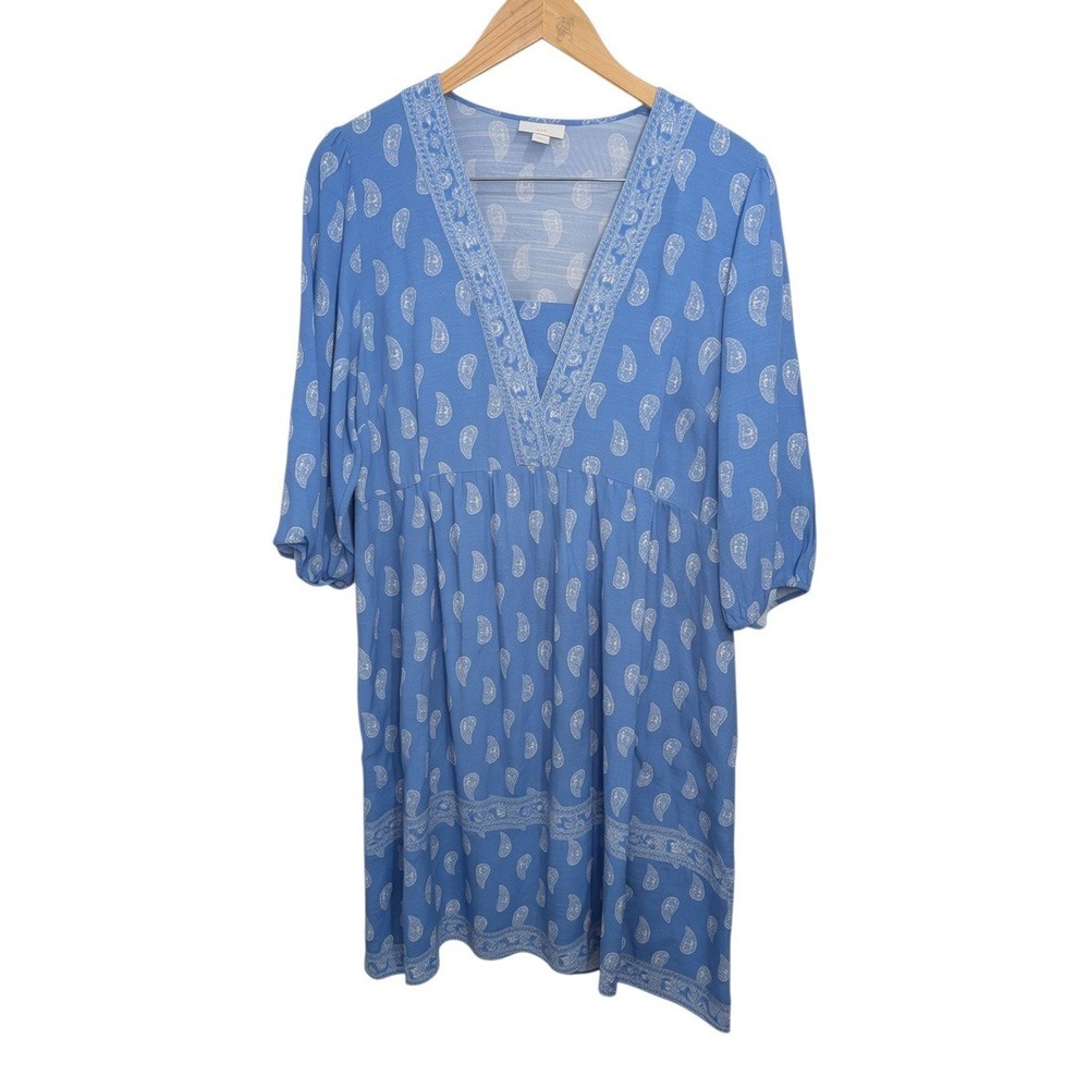 J. Jill Tunic Dress Blue Paisley Embroidered V-Neck Empire Waist - Medium